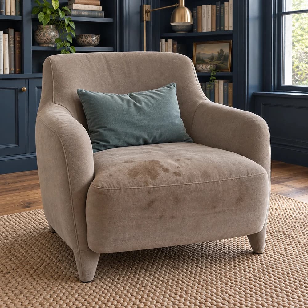 Illustratief AI-beeld van fauteuil vóór een mogelijke reiniging